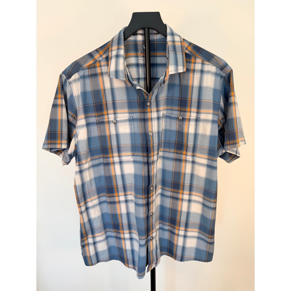 Kuhl Mens XL Short Sleeve Plaid Button Down Shirt Blue Orange Tapered Fit 7311